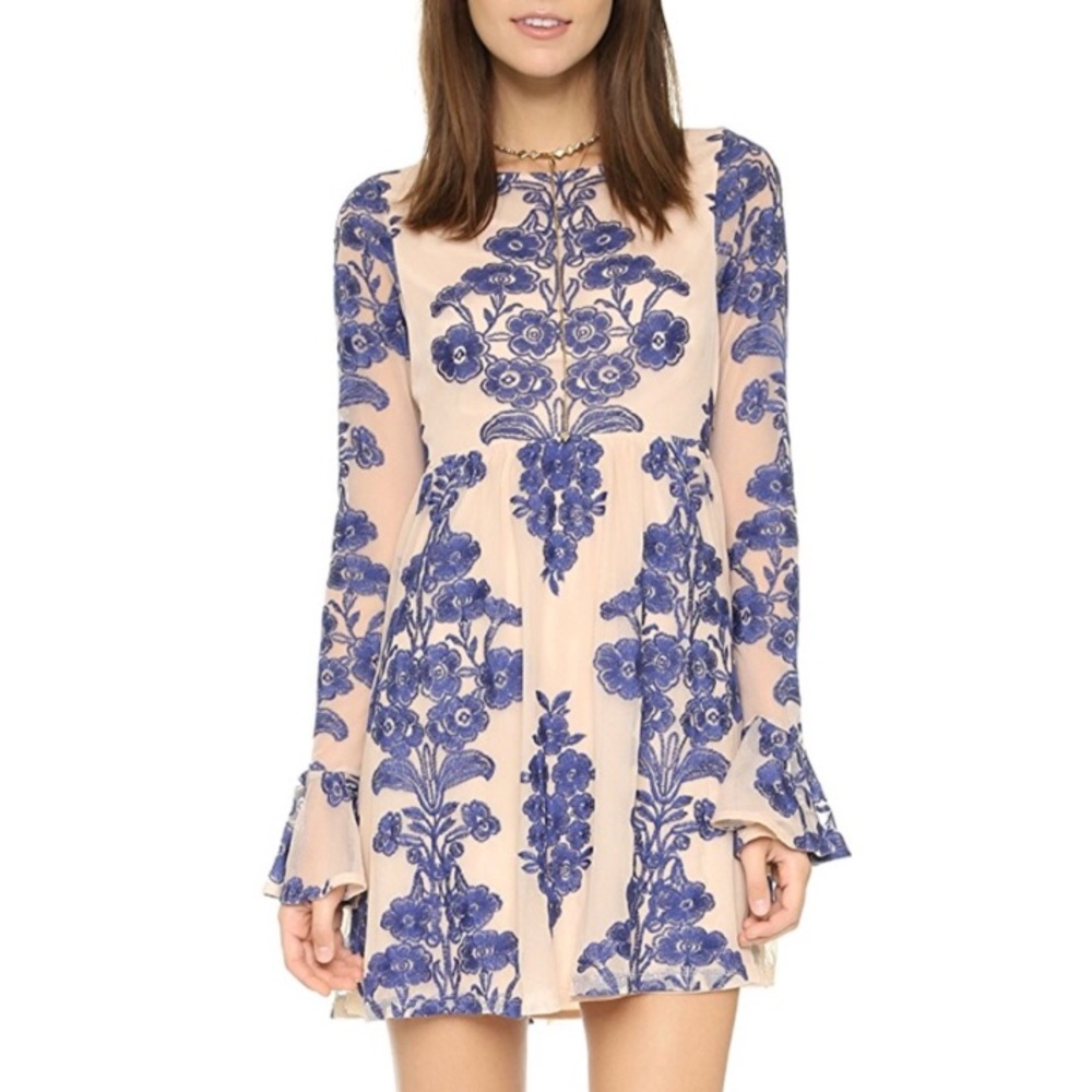 For Love & Lemons Pink Mini Dress with Blue Floral Embroidery